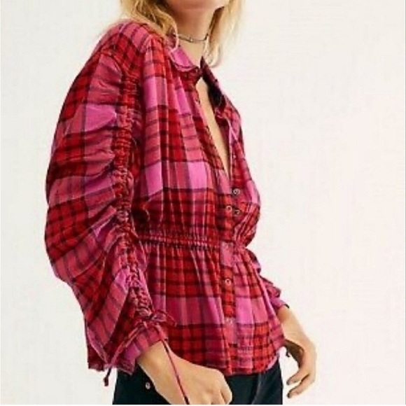 Free People Pink Red Combo Plaid Ruched Sleeve Pacific Dawn Blouse - Picture 14 of 14